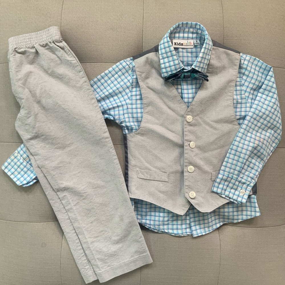 💙Kids Blue and Gray Checkered Shirt with Vest & Pants🩵